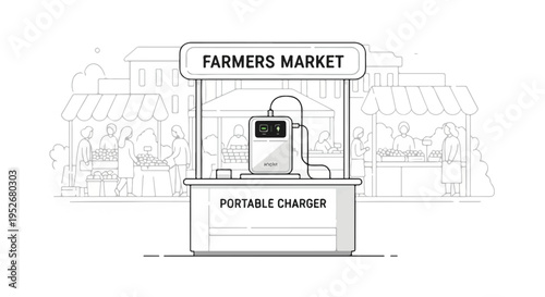 Innovative Portable Charger Kiosk at a Vibrant Farmers Market, Blending Technology with Community Commerce in a Clean Line Art Style