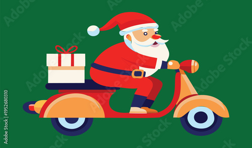 Santa claus riding a scooter delivering gifts on a green background