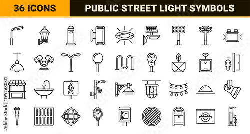 Minimalist Urban Infrastructure and Public Lighting Linear Symbols featuring Modern Street Lamps and Municipal Furniture in Neo-Line Art Style