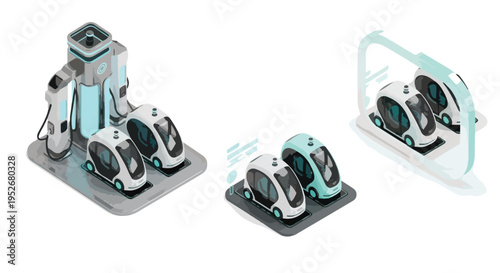 Isometric view of futuristic autonomous electric vehicles charging at a station and parked in a smart city, illustrating sustainable urban mobility solutions.