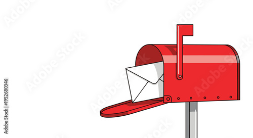 Red metal mailbox stands open with a white envelope inside ready for delivery against a clean white background.