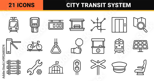 Urban Public Transport Monoline Outline Symbols for City Transit Infrastructure and Commuter Wayfinding Navigation Systems