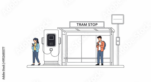 Urban tram stop with people using smartphones and a public charging station, illustrating modern city life and connectivity.