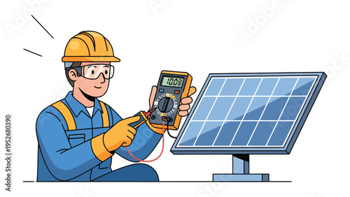 Solar Panel Inspector: An electrician, donned in protective gear, meticulously inspects a solar panel with a digital multimeter, ensuring optimal energy performance.