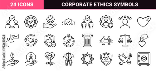 Corporate Ethics and Business Trust Monoline Symbols featuring Minimalist Outline Icons for Professional Credibility and Relationship Integrity.