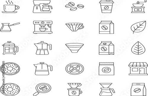 Coffee and cafe equipment outline icon set featuring coffee cup, beans, grinder, espresso machine, dripper and brewing tools vector illustration for cafe menu
