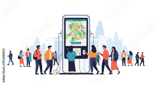 Urban dwellers utilize a large smartphone-like charging station for electric vehicles, showcasing smart city infrastructure and sustainable transport solutions.