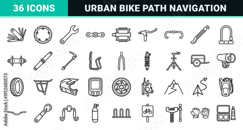 Minimalist Urban Cycling and Technical Bicycle Component Monoline Outline Symbols for Professional Wayfinding and Interface Design Projects
