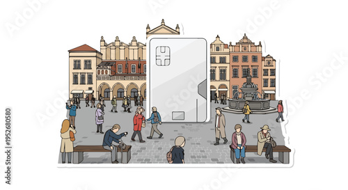 Digital payment convenience in historic European city: credit card towering over a bustling town square with tourists and locals.