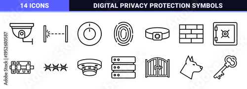 Security System Monoline Outline Symbols for Access Control Hardware and Data Protection, Featuring Minimalist Vector Graphics and Technical Precision.