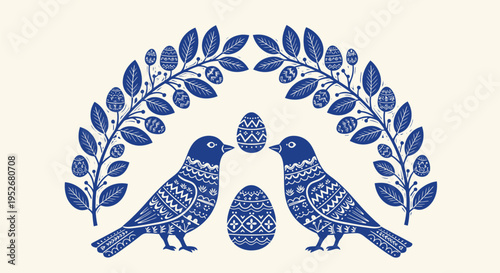 Two blue birds with floral patterns touch beaks under decorated eggs and leaves on easter day