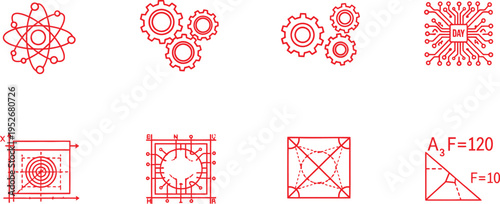 Engineering blueprint icons gears atomic structure chip technical drawing symbols