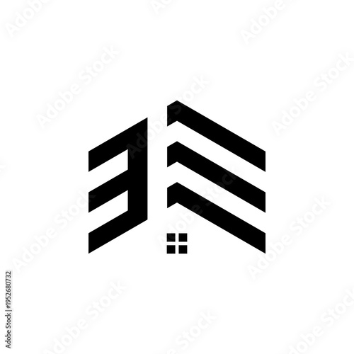 3 letter logo design in the shape of a roof with a house illustration.