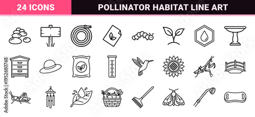 Sustainable Garden Ecology Monoline Outline Symbols Featuring Pollinator Insects Wildflowers and Organic Gardening Equipment Tools