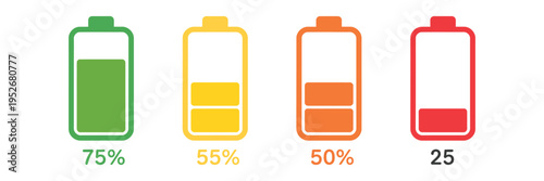 battery charge level icons set showing full medium low and empty power status, ui interface symbols for apps and devices, energy indicator collection for digital dashboard design, vector illustration 