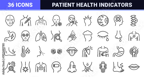 Medical Symptom Diagnostic Monoline Icons Featuring Patient Health Indicators and Clinical Healthcare Symbols in Minimalist Black Line Art Style.