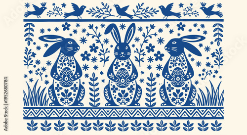 Three blue and white rabbits with floral patterns and birds on easter day with flowers and grass