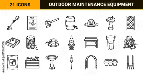 Gardening Maintenance and Outdoor Tool Symbols in Monoline Neo-Line Aesthetic for Professional Technical Diagrams and Landscape Design