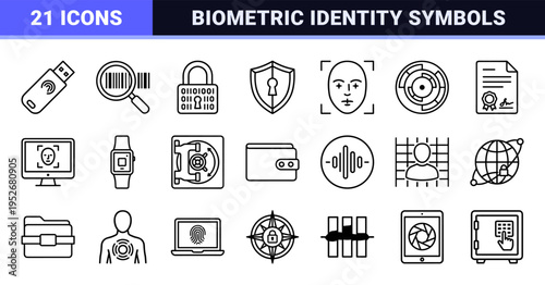 Biometric Security and Digital Identity Monoline Icons for Cybersecurity UI and Data Privacy Software Systems.