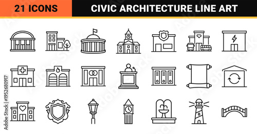 Government Building and Civic Architecture Symbols in Technical Monoline Style for Urban Planning and Public Service Interface Design