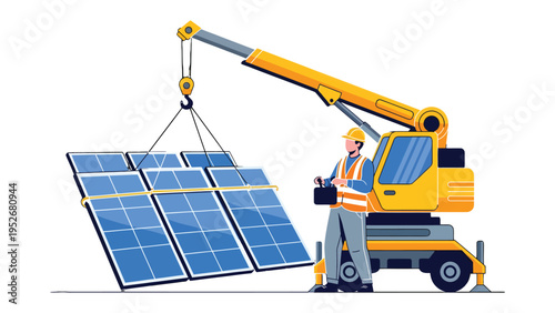 Solar Panel Installation: An industrious technician meticulously directs a construction crane, carefully positioning a cluster of solar panels.