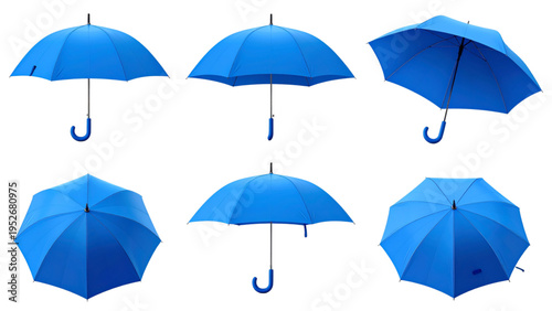 Blue umbrella opening sequence from closed and folded to half open and fully expanded isolated on white background for weather and protection concept