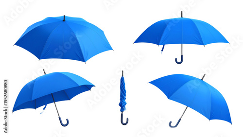Blue umbrella opening sequence from closed and folded to half open and fully expanded isolated on white background for weather and protection concept