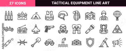 Military and Defense Monoline Strategy Symbols, Tactical Technical Outlines for National Security and Army Logistics Interface Design.