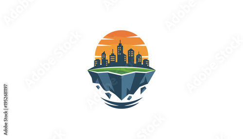 City skyline vector illustration with floating island and sunset