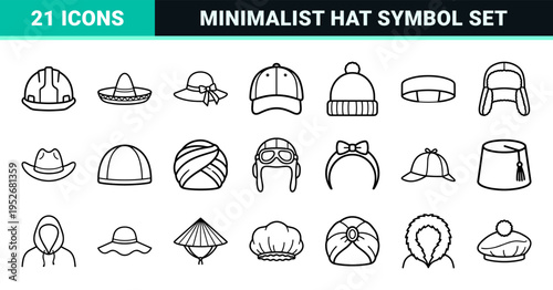 Technical Monoline Headwear Symbols for Athletic Apparel Design and Retail Interface Systems featuring Minimalist Baseball Caps and Hats