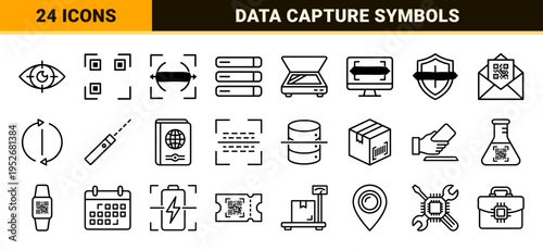 Optical Recognition and Digital Scanning Monoline Art Featuring Barcode Viewfinder and Data Capture Symbols for Technical Software Interfaces