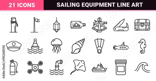 Marine Navigation and Ocean Life Monoline Symbols, Nautical Engineering Outline Graphics for Maritime Interface Design and Wayfinding.