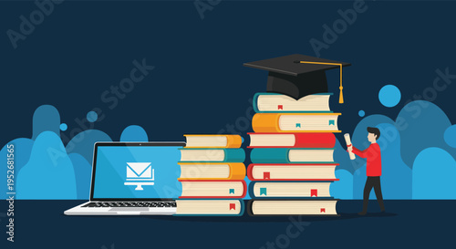 Online education concept features a laptop with email icon next to a tall stack of books and a graduation cap.
