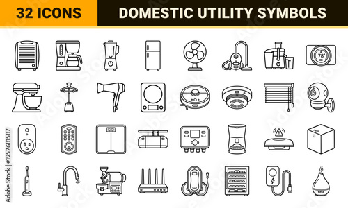 Household Appliance Minimalist Monoline Symbols for Product Catalog Design and Smart Home Interface Graphics Featuring Unified Geometric Line Art Aesthetics.