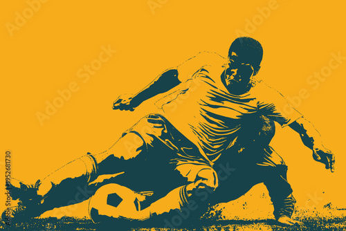 A silhouette vector illustration depicting two soccer players sliding to challenge for the ball.