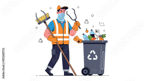 Guardian of Cleanliness: A sanitation worker, fully geared with mask and tools, diligently maintains the pristine state of urban spaces, with a clear focus on recycling and environmental care.