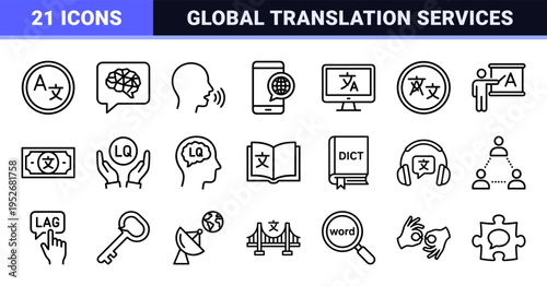 Global Linguistics and Translation Neo-Line Art Symbols Featuring Sophisticated Monoline Outlines for Universal Communication and Education.