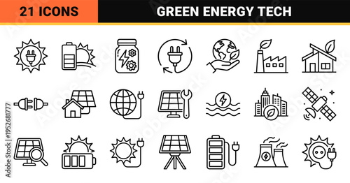 Renewable Energy and Sustainable Technology Monoline Symbols. Technical Line Art for Solar Power, Green Infrastructure, and Carbon Neutrality.