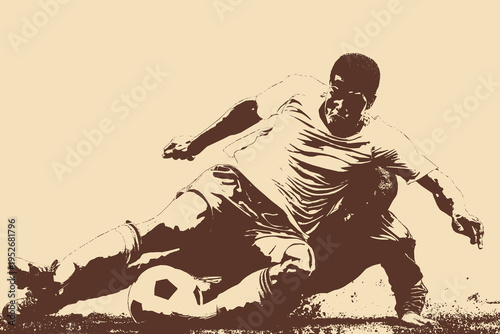 A silhouette vector illustration depicting two soccer players sliding to challenge for the ball.