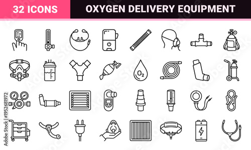 Respiratory Care Technical Monoline Graphics featuring Medical Oxygen Equipment, Ventilator Parts, and Pulmonary Health Outline Symbols.