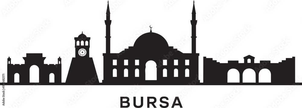 Fototapeta premium Bursa Turkey City Skyline Silhouette with Historical Landmarks Ottoman Architecture Graphic Design