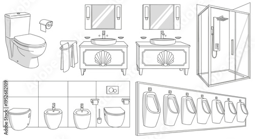 A collection of bathroom fixtures and furniture in a line drawing style including toilets sinks showers and bathtubs, Generative AI.