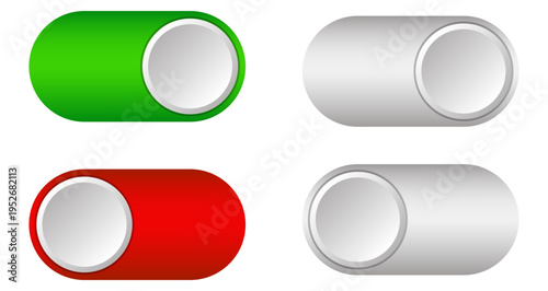 Set of 3D toggle switch icons for on and off positions. Colorful red, green, and gray sliders for web interface. Vector illustration.