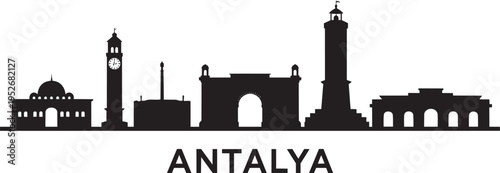 Antalya City Skyline Silhouette Vector Illustration featuring Famous Turkish Landmarks and Building