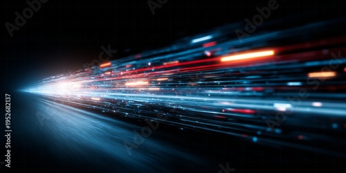 Brilliant streaks of light move rapidly through a dark digital space