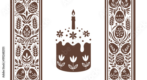 Brown decorated easter cake with lit candle and floral patterns on white background for holiday celebration