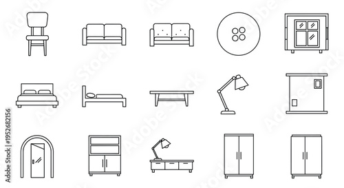 A collection of various furniture icons and symbols in a line drawing style, Generative AI.
