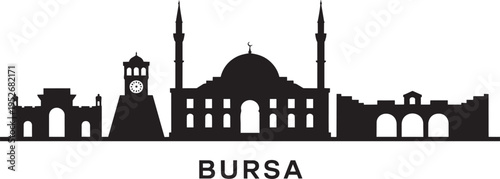 Bursa Turkey City Skyline Silhouette with Historical Landmarks Ottoman Architecture Graphic Design