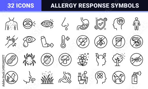 Allergy Symptoms and Immune System Response Monoline Icons featuring Clinical Healthcare Symbols in a Minimalist Vector Outline Style.
