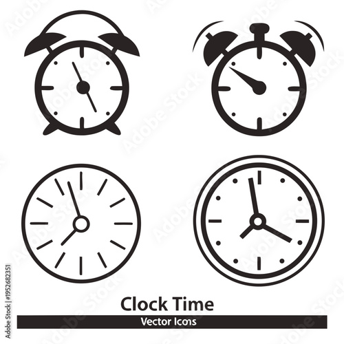 Collection of four black and white vector icons representing different types of clocks and timekeeping devices